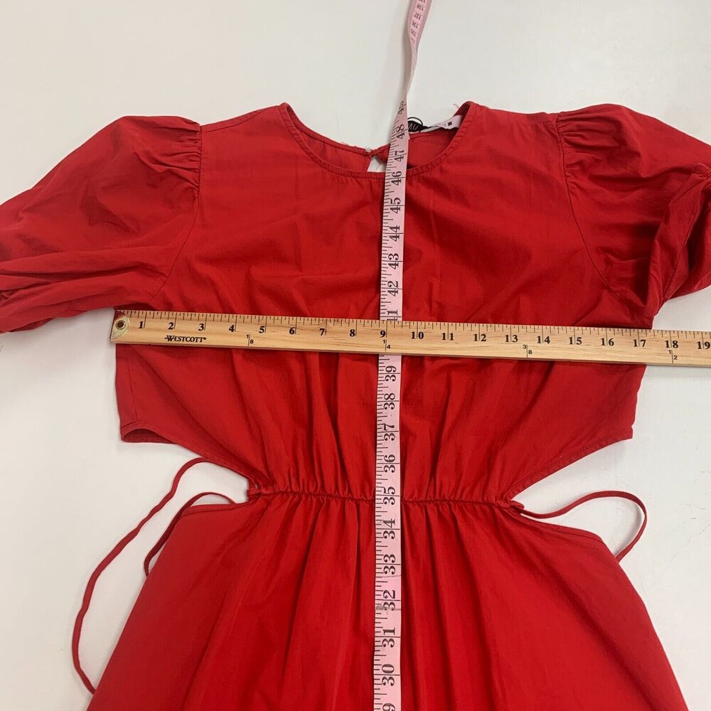 Zara Cut Out Polin Dress Womens XS Extra Small Red Midi Puff Sleeves Cinch Waist - Picture 9 of 16